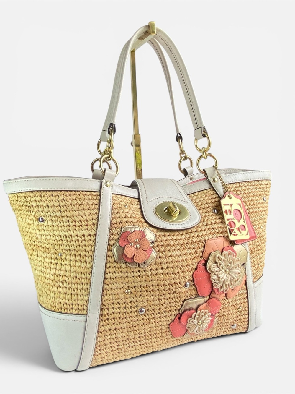 Coach Hamptons Weekend Woven Floral Straw Turnlock Tote